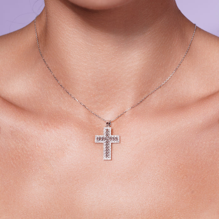 Rhodium Plated 925 Sterling Silver Ornate Lab Grown Diamond 25mm x 18.3mm Cross Pendant Necklace - LGMN00017