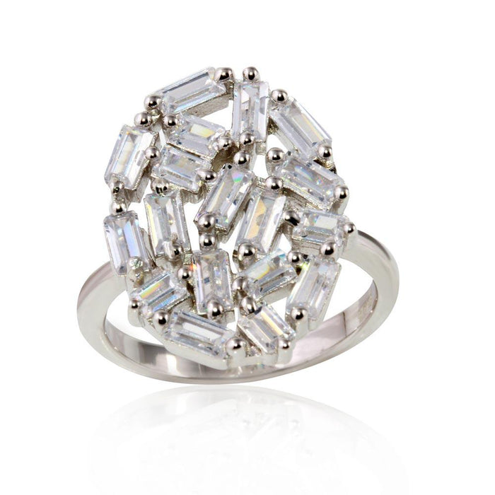 Silver 925 Rhodium Plated Oval Shape Ring with Rectangle CZ - STR01068 | Silver Palace Inc.