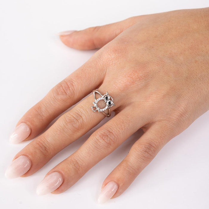 Rhodium Plated 925 Sterling Silver Owl Ring - GMR00300