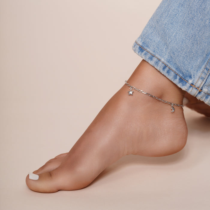 Silver 925 Rhodium Plated Paperclip Chain Stars and Moon Charm Adjustable Anklet - SOA00029 | Silver Palace Inc.