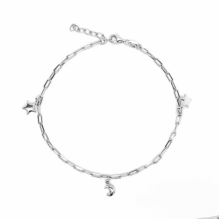 Silver 925 Rhodium Plated Paperclip Chain Stars and Moon Charm Adjustable Anklet - SOA00029 | Silver Palace Inc.