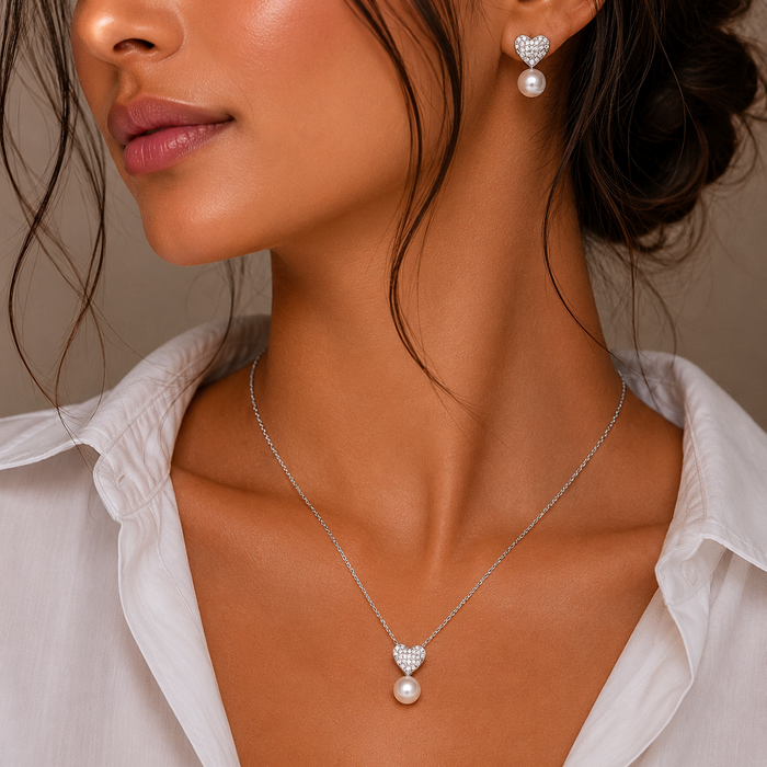 Rhodium Plated 925 Sterling Silver Pearl Clear Heart CZ Hanging Set - BGS00217 | Silver Palace Inc.