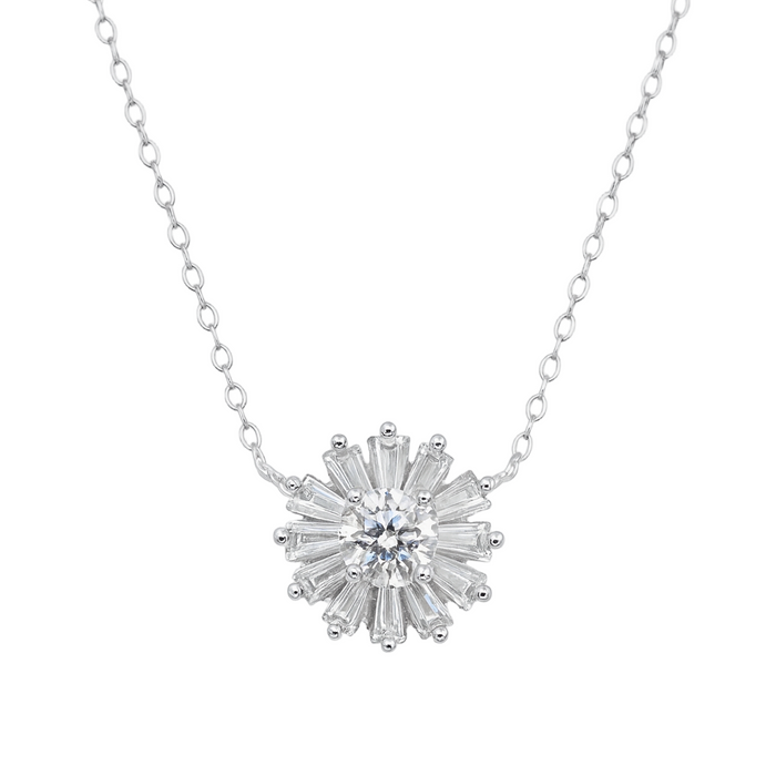 Rhodium Plated 925 Sterling Silver Radiant Burst Moissanite 11.3mm Adjustable Pendant Necklace - MDGP00005