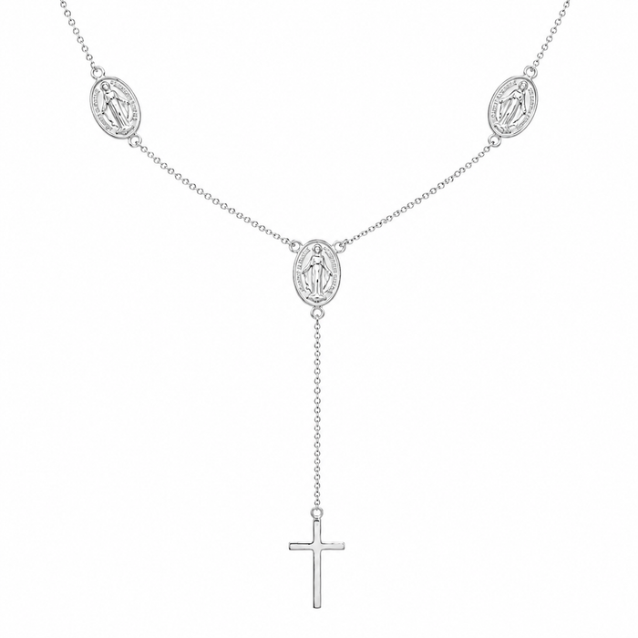 Rhodium Plated 925 Sterling Silver Religious Charms Necklace with Cross Drop - DIN00066RH