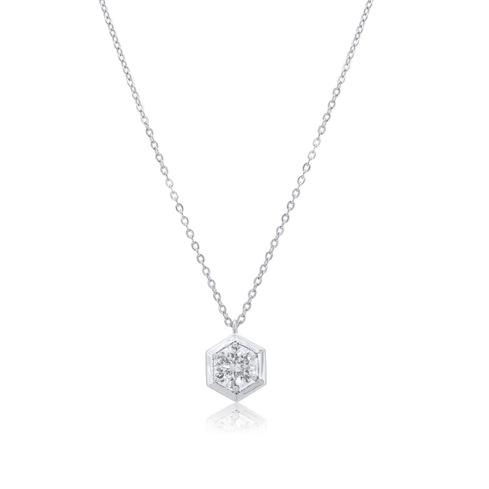 Rhodium Plated 925 Sterling Silver Round Moissanite Hexagon Frame Adjustable Pendant Necklace - MDGP00001