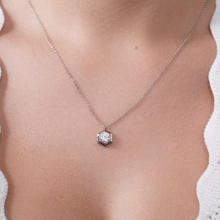 Rhodium Plated 925 Sterling Silver Round Moissanite Hexagon Frame Adjustable Pendant Necklace - MDGP00001