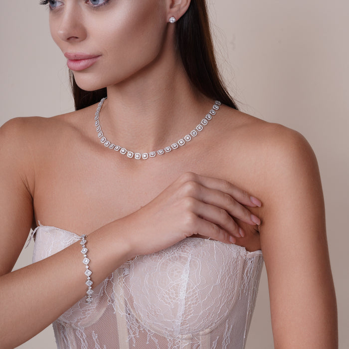 Rhodium Plated 925 Sterling Silver Round Multi CZ Tennis Bridal Necklace - GMN00194