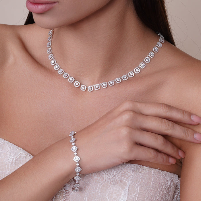 Rhodium Plated 925 Sterling Silver Round Multi CZ Tennis Bridal Necklace - GMN00194