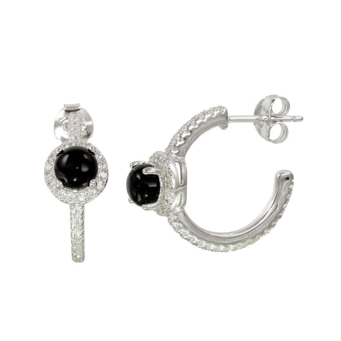 Silver 925 Semi-Hoop CZ Earrings with CZ and Black Stone - BGE00569BLK | Silver Palace Inc. #color_black