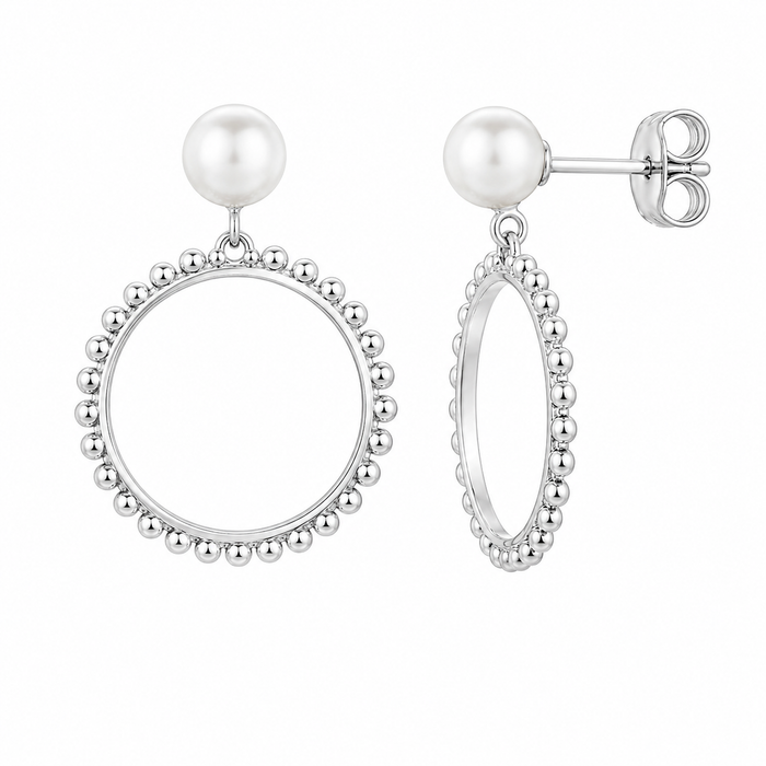 Silver 925 Rhodium Plated Simulated Pearl & Beaded Open Circle Earrings - SPE00038 | Silver Palace Inc.