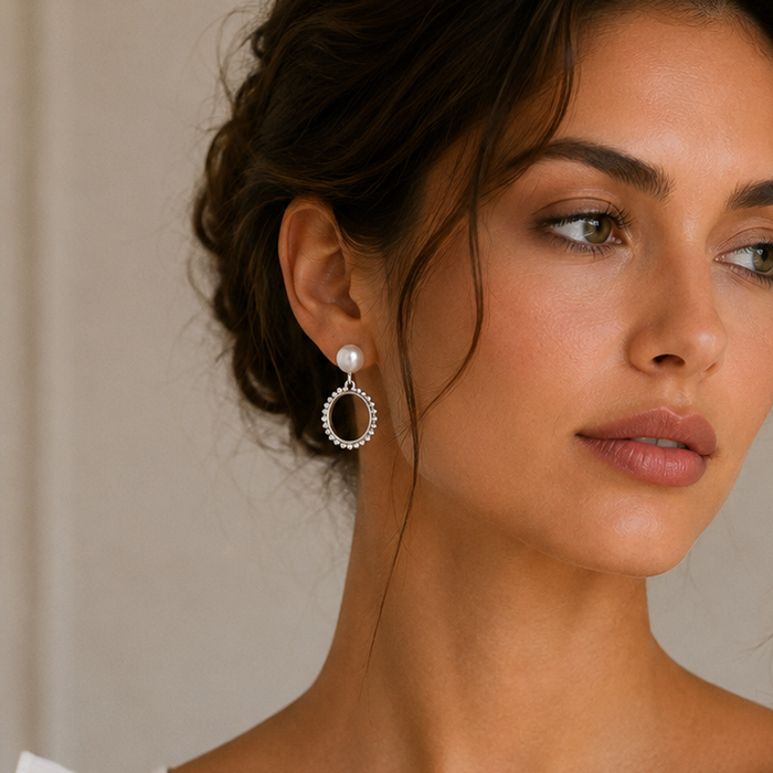 Silver 925 Rhodium Plated Simulated Pearl & Beaded Open Circle Earrings - SPE00038 | Silver Palace Inc.