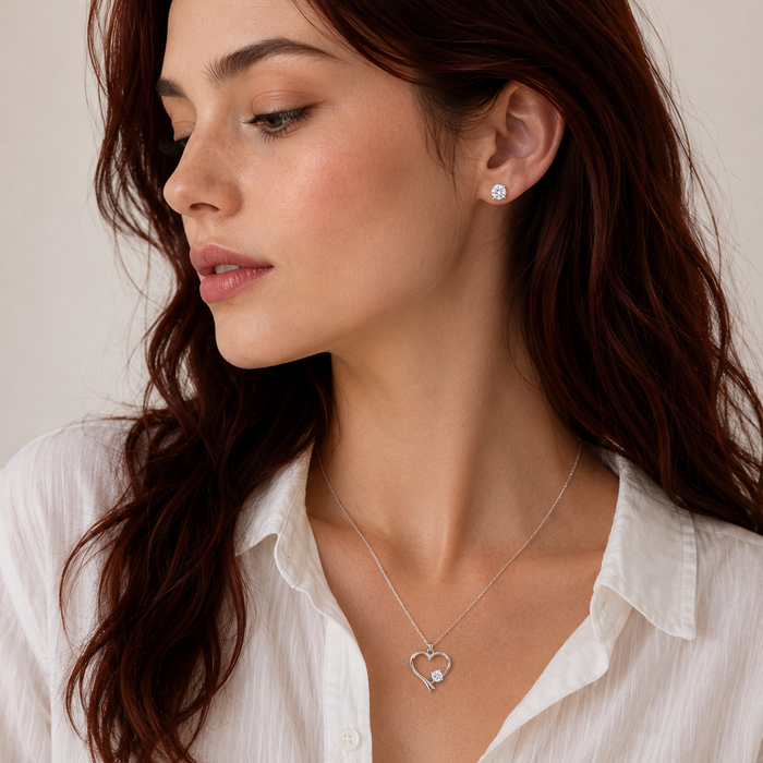 Silver 925 Rhodium Plated Single CZ Open Heart Set - STS00525 | Silver Palace Inc.