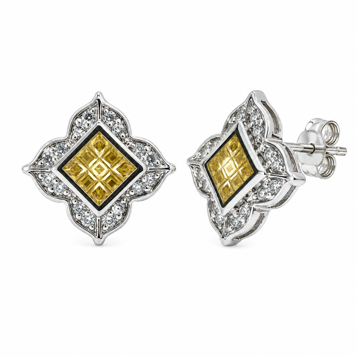 Rhodium Plated 925 Sterling Silver Square DC Yellow and Clear CZ Men's Stud Earring - STEM060