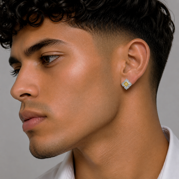 Rhodium Plated 925 Sterling Silver Square DC Yellow and Clear CZ Men's Stud Earring - STEM060