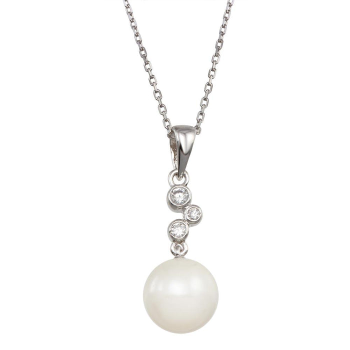 Rhodium Plated 925 Sterling Silver Synthetic Pearl CZ Drop Necklace - BGP00973 | Silver Palace Inc.