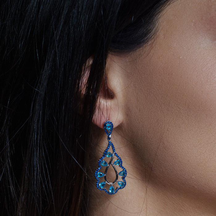 Rhodium Plated 925 Sterling Silver Teal and Blue CZ Teardrop Earrings - BGE00582 | Silver Palace Inc.