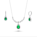 Rhodium Plated 925 Sterling Silver Teardrop Emerald CZ Statement Hoop Earring and Necklace Matching Set - PAS00039