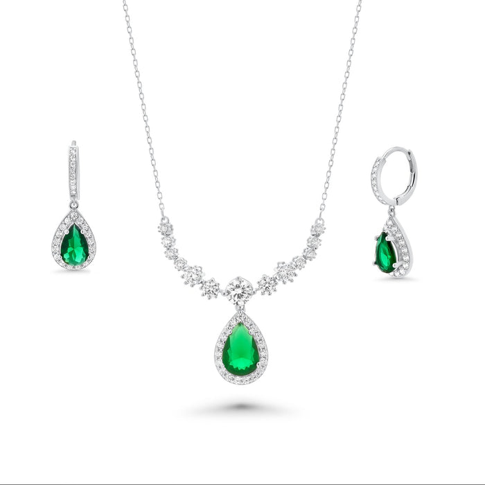Rhodium Plated 925 Sterling Silver Teardrop Emerald CZ Statement Hoop Earring and Necklace Matching Set - PAS00039