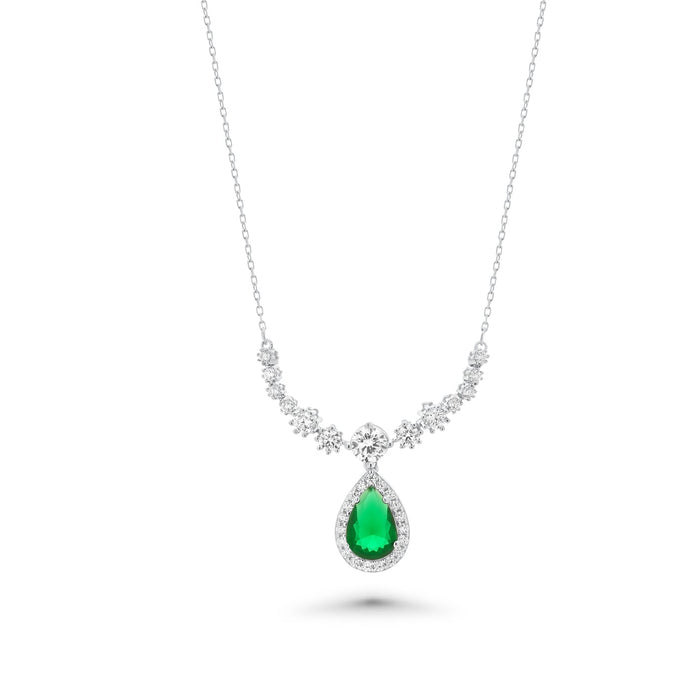 Rhodium Plated 925 Sterling Silver Teardrop Emerald CZ Statement Hoop Earring and Necklace Matching Set - PAS00039