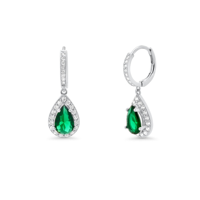 Rhodium Plated 925 Sterling Silver Teardrop Emerald CZ Statement Hoop Earring and Necklace Matching Set - PAS00039