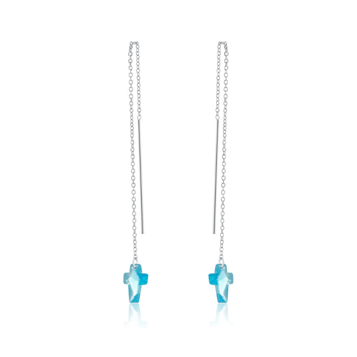 Rhodium Plated 925 Sterling Silver Threaded Colored CZ Cross Earrings - SPE00011