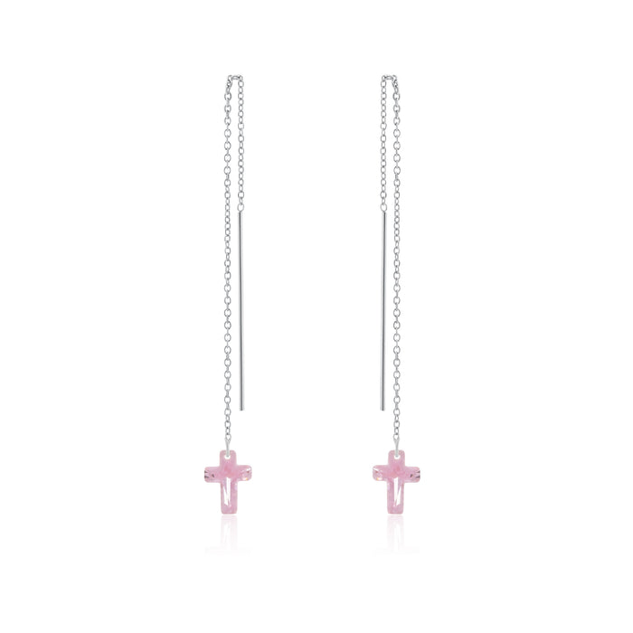 Rhodium Plated 925 Sterling Silver Threaded Colored CZ Cross Earrings - SPE00011