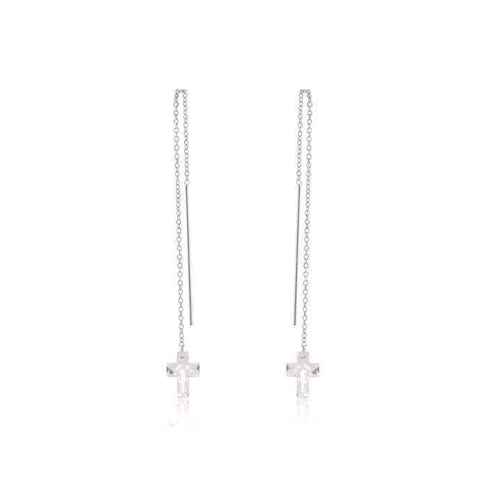 Rhodium Plated 925 Sterling Silver Threaded Colored CZ Cross Earrings - SPE00011