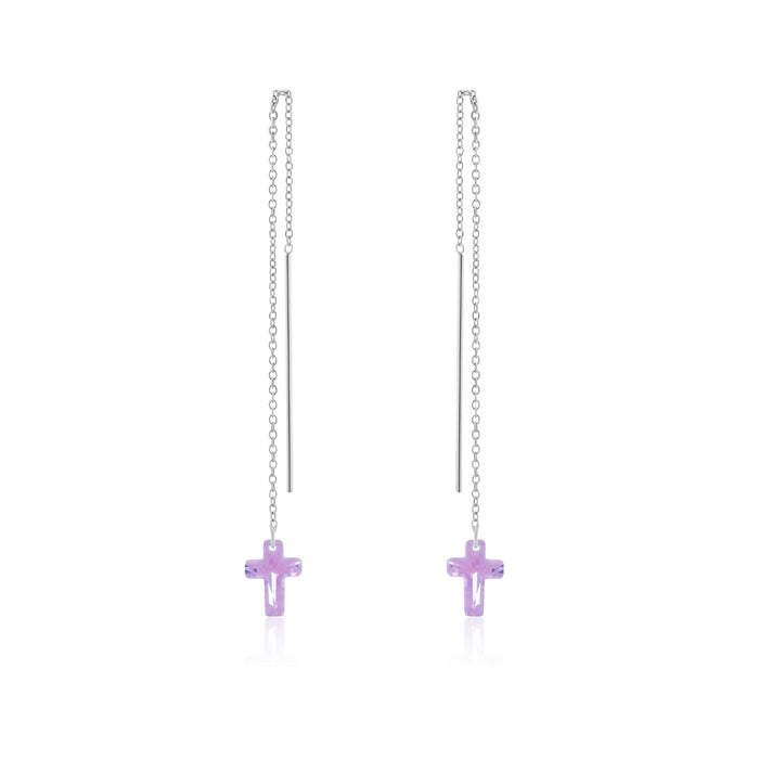 Rhodium Plated 925 Sterling Silver Threaded Colored CZ Cross Earrings - SPE00011