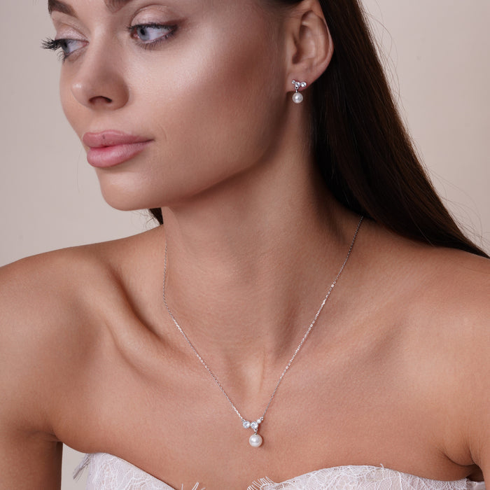 Rhodium Plated 925 Sterling Silver White Pearl Earring and Necklace with CZ - BGS00526 | Silver Palace Inc.