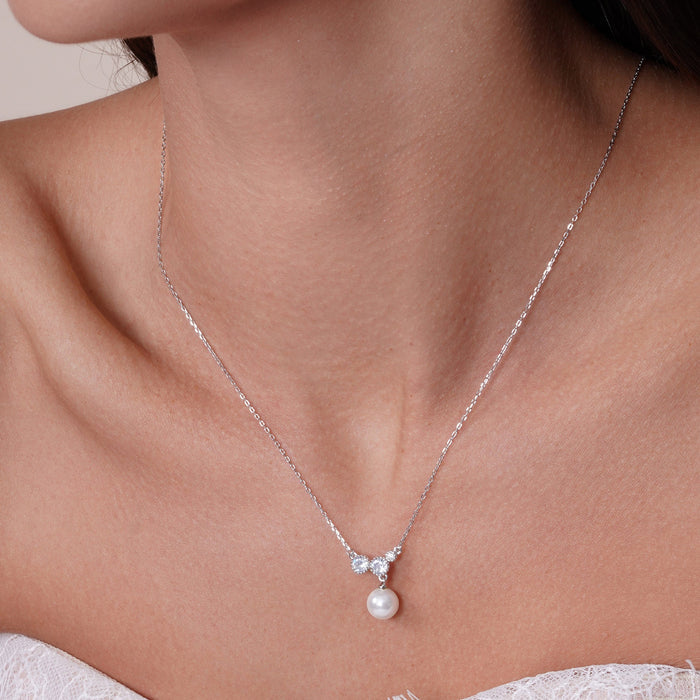 Rhodium Plated 925 Sterling Silver White Pearl Earring and Necklace with CZ - BGS00526 | Silver Palace Inc.