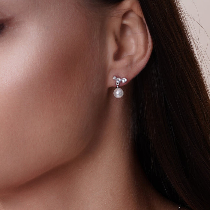 Rhodium Plated 925 Sterling Silver White Pearl Earring and Necklace with CZ - BGS00526 | Silver Palace Inc.