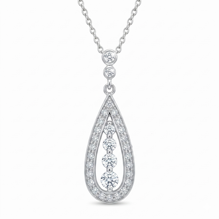 Rhodium Plated 925 Sterling Silver CZ Teardrop Dangle Pendant Necklace - STP00942