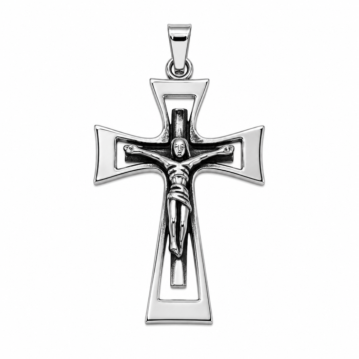 Rhodium Plated Stainless Cruciifx Cross Pendant - SSP00398