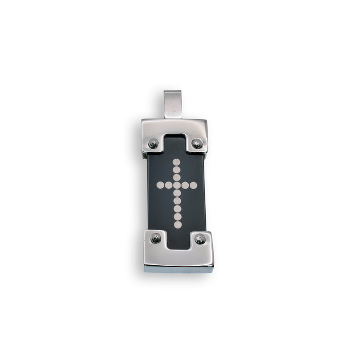 Rhodium Plated Stainless Steel Black Cross Rectangle Pendant - SSP00068