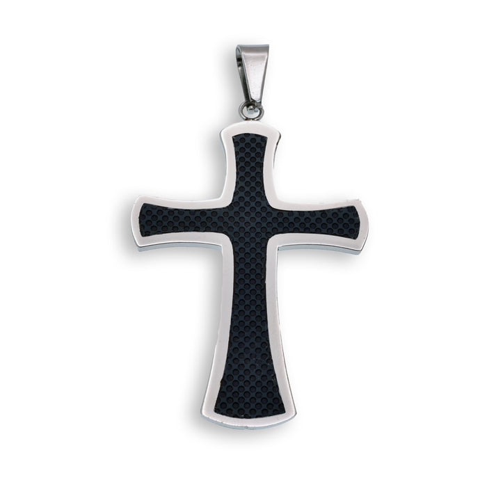 Rhodium Plated Stainless Steel Carbon Fiber Inlay Cross Pendant  - SSP00396