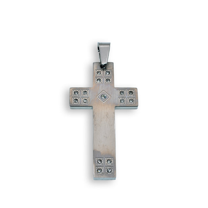 Rhodium Plated Stainless Steel Flat Square Matte CZ Cross Pendant - SSP00123