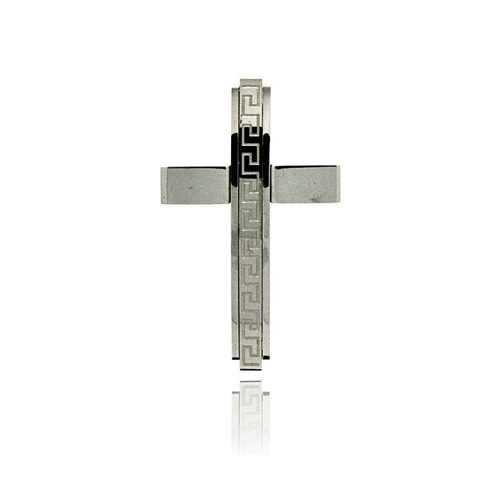 Rhodium Plated Stainless Steel Greek Key Cross Pendant - SSP00189