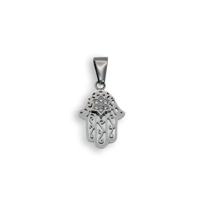 Rhodium Plated Stainless Steel Hamsa & CZ Star Accent Pendant - SSP00368