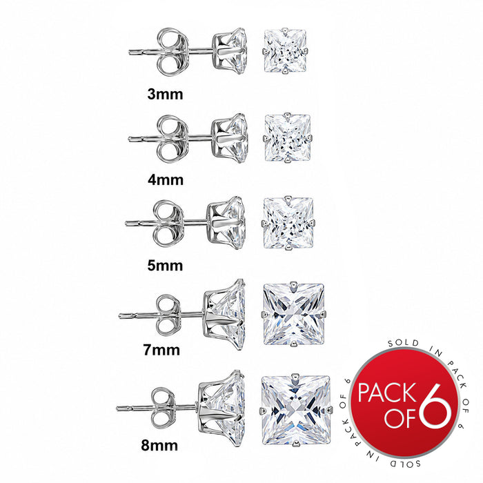 Rhodium Plated Stainless Steel Square Clear CZ Stud Earrings - SSE00115