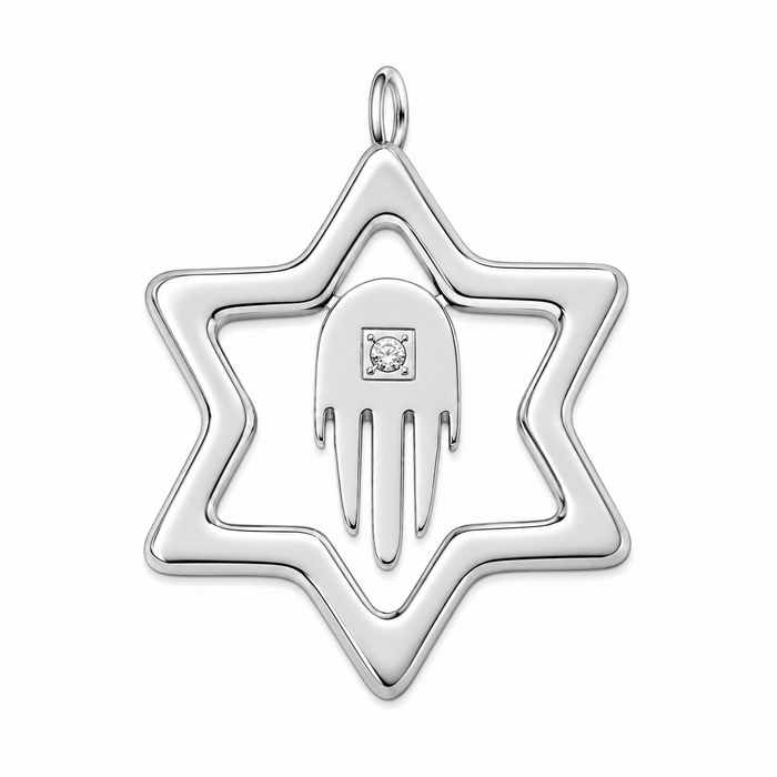 Rhodium Plated Stainless Steel Star of David Hamsa Pendant - SSP00406