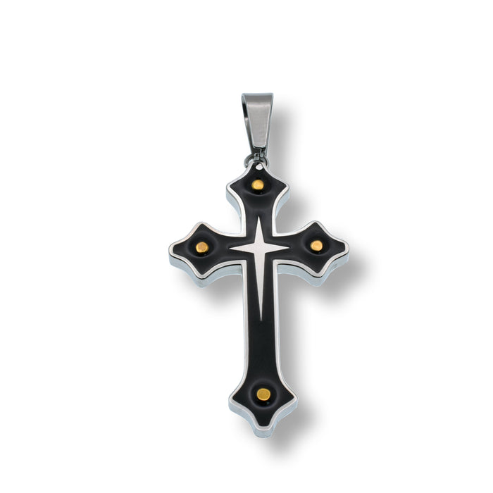 Rhodium Plated Stainless Steel Syriac Cross Black Enamel Pendant - SSP00117