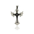 Rhodium Plated Stainless Steel Winged Black Inlay Cross Pendant - SSP00192