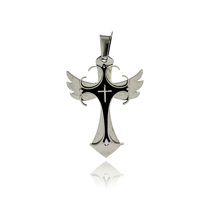Rhodium Plated Stainless Steel Winged Black Inlay Cross Pendant - SSP00192