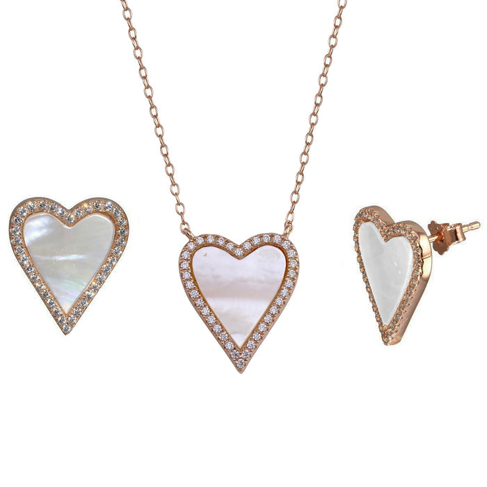Rose Gold Plated 925 Sterling Silver Heart Mother of Pearl Earring & Necklace Set - STS00566 | Silver Palace Inc.