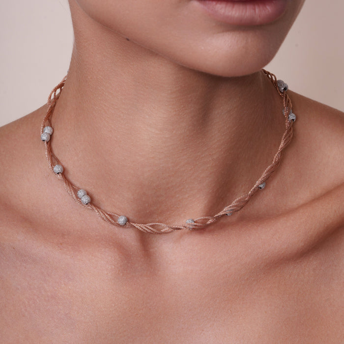 Rose Gold Plated Sterling Silver with Rhodium Shimmer Beads Twisted Italian Necklace - SPN00039