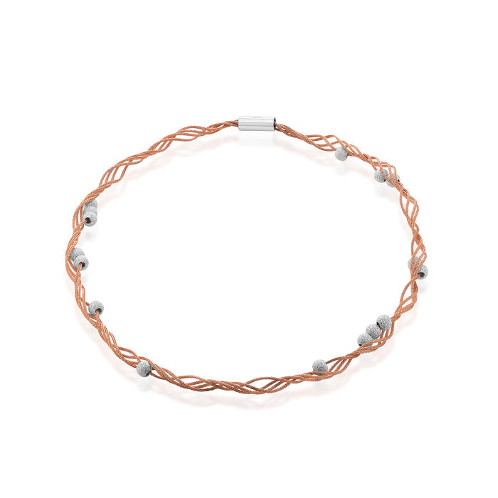 Rose Gold Plated Sterling Silver with Rhodium Shimmer Beads Twisted Italian Necklace - SPN00039