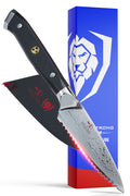 Dalstrong shogun series 3.5 inch serrated paring knife with black handle in front of it's premium packaging.