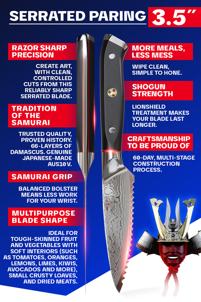 Dalstrong shogun series 3.5 inch serrated paring knife with black handle specification.