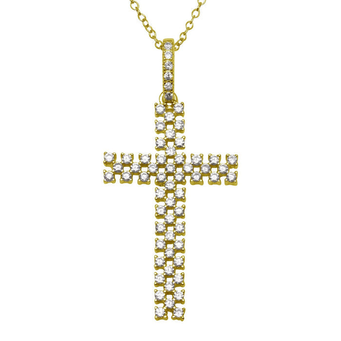 Silver 925 Gold Plated Thin Open Checkered Cross CZ Pendant - ACP00094GP | Silver Palace Inc.
