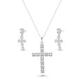 Silver 925 Rhodium Plated Clear Cross CZ Stud Earring and Necklace Set - BGS00396 | Silver Palace Inc.